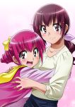  age_difference blush bow hair_bow highres hoshizora_ikuyo hoshizora_miyuki hug long_hair looking_at_viewer mother_and_daughter multiple_girls pink_eyes pink_hair precure red_hair redhead short_hair smile smile_precure! utamaro 