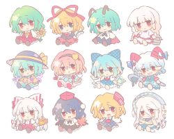  6+girls :3 antennae ascot bird_wings black_bow black_bowtie black_cape black_dress black_hair black_hairband black_hat black_shirt black_skirt black_wings blonde_hair blue_bow blue_dress blue_eyes blue_hair blue_shirt blush bow bowtie buttons cape chibi chibi_only cirno closed_mouth collared_shirt commentary detached_wings diamond_button disembodied_linked_eye dress earrings ebisu_eika eyeball flower frilled_shirt frilled_shirt_collar frilled_skirt frilled_sleeves frills frozen_frog fujiwara_no_mokou green_eyes green_hair green_skirt grey_hair grin hair_between_eyes hair_bow hair_ornament hair_ribbon hairband hat hat_bow hauchiwa heart heart_button heart_hair_ornament heart_of_string hoop_earrings horn_ornament horn_ribbon horns ice ice_wings jewelry kazami_yuuka komeiji_koishi komeiji_satori long_hair long_hair_between_eyes long_sleeves looking_at_viewer meandros medicine_melancholy medium_hair multiple_girls multiple_hair_bows ofuda ofuda_on_clothes open_clothes open_vest oversized_object pants petroleum pinafore_dress pink_eyes pink_hair pink_skirt plaid_clothes plaid_skirt plaid_vest pointy_ears polka_dot polka_dot_bow polka_dot_dress pom_pom_(clothes) puffy_short_sleeves puffy_sleeves red_ascot red_cape red_eyes red_hat red_horns red_pants red_ribbon red_skirt red_sleeves red_vest ribbon ribbon-trimmed_skirt ribbon_around_body ribbon_trim rock rumia shameimaru_aya sharp_teeth sheep_horns shirt short_sleeves silverrain skirt skirt_set sleeveless sleeveless_dress smile spoon stack sunflower suspenders teeth tokin_hat touhou toutetsu_yuuma turtleneck turtleneck_dress two-sided_cape two-sided_fabric utensil very_long_hair vest white_shirt white_skirt wide_sleeves wings wriggle_nightbug yellow_bow yellow_bowtie yellow_flower yellow_shirt yuiman_asama 