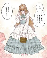  1boy bag blue_eyes blush brown_hair buttons collared_dress crossdressing crossdressing_(mtf) dress flower frilled_dress frills green_dress green_ribbon highres holding holding_bag kanazawa_shinnosuke lolita_fashion long_hair long_sleeves original puffy_long_sleeves puffy_sleeves ribbon speech_bubble trap upper_body very_long_hair white_dress 