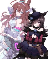  absurdres animal_ears blue_eyes blue_flower blue_hat blue_rose brown_hair d4d4yura dress ear_ornament flipped_hair flower grey_hairband grey_leotard grey_skirt hair_over_one_eye hairband hat hat_flower highres horse_ears horse_girl horse_tail horseshoe_ornament leotard mihono_bourbon_(mb-19890425)_(umamusume) mihono_bourbon_(umamusume) off-shoulder_dress off_shoulder rice_shower_(rosy_dreams)_(umamusume) rice_shower_(umamusume) rose silver_hairband skirt tail tilted_headwear umamusume violet_eyes 