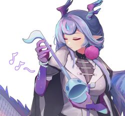  1girl arknights arm_tattoo bead_bracelet beads blue_streaks blush bracelet breasts closed_eyes colored_extremities colored_skin dragon_girl dragon_horns dragon_tail dress earrings eighth_note fur-trimmed_jacket fur_trim highres holding holding_instrument horns iguana152588 instrument jacket jacket_on_shoulders jewelry jun_(arknights) large_breasts multicolored_hair musical_note otamatone pointy_ears pom_pom_(clothes) pom_pom_earrings purple_hair purple_skin simple_background solo streaked_hair tail tattoo upper_body white_background white_dress 