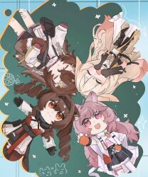  4girls ahoge angelina_(arknights) angelina_the_mellow_wish_(arknights) animal_ear_fluff animal_ears arknights black_collar black_gloves black_hairband black_skirt blonde_hair blue_border border brown_hair capelet chibi chibi_only chinese_commentary circle_formation closed_eyes collar commentary_request detached_sleeves dress feet_out_of_frame fingerless_gloves fox_ears fox_girl gloves green_background hair_between_eyes hairband jacinta_(arknights) jishi_mogu long_hair long_sleeves looking_at_viewer lying multiple_girls on_back open_mouth orange_gloves pink_eyes pink_hair rabbit_ears rabbit_girl raccoon_ears raccoon_girl skirt smile thumpy_(arknights) timeslot_(arknights) twintails white_capelet white_dress 