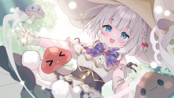  1girl artist_request black_corset black_skirt blue_bow blue_bowtie blue_eyes bow bowtie braid corset forest frilled_shirt frills hair_bow monster_musume_td mushroom mushroom_girl mushroom_hat nature official_art open_mouth outstretched_arms red_bow shijime_(monmusu_td) shirt skirt sleeveless sleeveless_shirt smile white_hair white_shirt white_skirt white_wrist_cuffs wrist_cuffs 