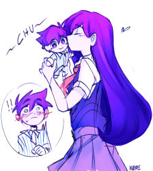  ! !! 1boy 1girl antenna_hair artist_name bare_arms blue_pajamas blush character_doll clenched_hand closed_eyes closed_mouth collared_shirt colored_skin commentary cowboy_shot doll english_commentary english_text from_side frown hair_behind_ear hair_between_eyes heart hero_(headspace)_(omori) hero_(omori) highres holding holding_doll k0re_drawings kiss long_hair mari_(headspace)_(omori) mari_(omori) neckerchief omori pajamas pleated_skirt profile purple_hair purple_skin purple_skirt purple_sweater_vest red_neckerchief shirt short_hair short_sleeves simple_background sketch skirt smile solo_focus sweatdrop sweater_vest two-tone_pajamas two-tone_shirt white_background white_pajamas white_shirt 