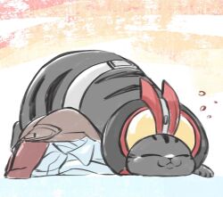  animal_focus bag brown_bag cat closed_eyes closed_mouth commentary_request highres kamen_rider kamen_rider_555 kamen_rider_faiz lying no_humans on_stomach tonteki555 