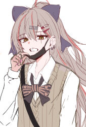  1girl black_bow black_mask bow bowtie brown_eyes brown_hair brown_sweater_vest character_name collared_shirt dress_shirt ear_piercing earrings flat_chest girls'_frontline_2:_exilium girls_frontline hair_between_eyes hair_bow hair_ornament hairclip high_ponytail highres jewelry koenza_botoke leva_(girls'_frontline_2) long_hair long_sleeves looking_at_viewer loose_bowtie mask mask_pull mouth_mask official_alternate_costume open_mouth parallel_hairclips piercing ponytail scar scar_across_eye scar_on_face shirt simple_background single_sidelock sketch solo surgical_mask sweater_vest teeth ump45_(girls'_frontline) upper_body v-neck white_background white_shirt 