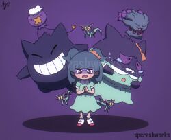  1girl :3 ^_^ artist_name blue_hair blush blush_stickers child closed_eyes collared_dress commentary crying crying_with_eyes_open dated dreepy dress drifloon dual_persona english_commentary floating full_body gengar ghost_type_theme_(pokemon) green_dress grin hair_ornament hair_scrunchie highres hilary_(pokemon) long_hair misdreavus open_mouth own_hands_together pokemon pokemon_(anime) poketoon purple_background scared scrunchie shaded_face short_sleeves signature simple_background smile spcrashworks standing sweatdrop tears teeth two_side_up violet_eyes watermark 