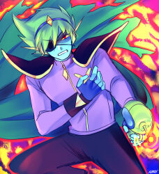  1boy angry armor black_pants blue_gloves blue_hairband blue_skin cape captain_spaceboy clenched_teeth colored_skin commentary cowboy_shot double-parted_bangs energy_gun english_commentary eyepatch fingerless_gloves gem gloves green_cape green_hair hair_between_eyes hairband hand_on_own_chest highres holding holding_energy_gun holding_weapon jacket k0re_drawings long_sleeves looking_at_viewer male_focus official_alternate_hair_color omori one_eye_covered outline pants pink_background purple_jacket ray_gun red_eyes red_outline shaded_face short_hair shoulder_armor simple_background solo standing teeth torn_cape torn_clothes turtleneck turtleneck_jacket weapon yellow_gem yellow_trim zipper 