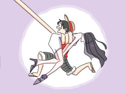  1boy 1girl black_hair boots carrying carrying_person circle commentary_request dress full_body hat long_hair monkey_d._luffy nico_robin one_piece profile purple_background purple_boots red_shirt shake_oh_nigiri shirt shorts straw_hat 