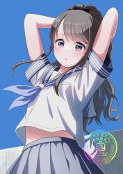  1girl absurdres arms_up artist_logo bare_arms black_bow black_sailor_collar blue_neckerchief blue_sky bow closed_mouth commentary_request cowboy_shot day expressionless eyelashes grey_hair grey_skirt hair_bow highres logo midriff_peek navel neckerchief original outdoors pancake_(pocket_domori) parted_bangs pink_eyes pink_lips pleated_skirt sailor_collar school_uniform serafuku shirt short_sleeves skirt sky solo standing white_shirt 