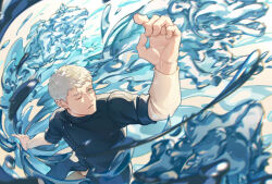  1boy black_shirt blonde_hair commentary_request dungeon_meshi elemental_(creature) foreshortening highres laios_touden long_sleeves male_focus one_eye_closed parted_lips shirt short_hair solo water water_elemental yato_(alphonse59) yellow_eyes 
