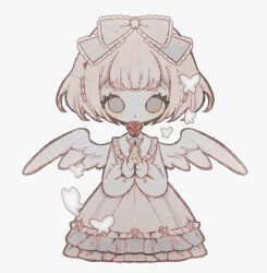  1girl angel_wings blonde_hair bow bowtie bug butterfly butterfly_hair_ornament collared_dress commentary dress flower frilled_dress frills hair_bow hair_ornament hairclip highres holding holding_flower lace-trimmed_bow lace-trimmed_headwear lace_trim lolita_fashion long_sleeves naiguozi original own_hands_clasped own_hands_together puffy_long_sleeves puffy_sleeves red_flower red_rose rose short_hair sweet_lolita untranslatable_commentary upper_body white_background white_bow white_butterfly white_dress wings 