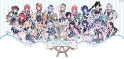  6+girls :d absurdres ahoge aizawa_ema amayui_moka animal_hat apron aqua_eyes aqua_hair asumi_sena bag belt binoculars bird black_belt black_collar black_hair black_nails blonde_hair blonde_streaks blue_apron blue_border blue_bow blue_eyes blue_hair blue_neckerchief blue_pants blue_ribbon blue_skirt blue_streaks blue_wrist_cuffs book border bow bow_hairband braid braided_ponytail breasts brown_eyes brown_hair cat_hat choker choya_hanabi collar colored_inner_hair colored_tips company_name compass copyright_logo copyright_name copyright_notice dark-skinned_female dark_skin detached_sleeves double_bun ear_chain ear_piercing earrings everyone eyewear_on_head fang fingerless_gloves flower frilled_choker frills ginjo_saine glass_bottle gloves gradient_hair green_eyes green_hair green_neckerchief grey_hair hair_bow hair_bun hair_flaps hair_flower hair_ornament hair_rings hairband hairclip hanabusa_lisa hand_on_own_hip hat hat_ribbon high-waist_pants highres holding holding_binoculars holding_book holding_swim_ring holding_unworn_clothes holding_unworn_hat holding_walkie-talkie holding_water_gun ichinose_uruha isaya_(pixiv4541633) jacket jacket_on_shoulders jewelry kaga_nazuna kaga_sumire kaminari_qpi kisaragi_ren_(vspo!) kogara_toto komori_met kurumi_noah leo_(asumi_sena) lifebuoy linked_piercing logo long_hair looking_at_viewer midriff multicolored_hair multiple_girls nail_polish navel neck_ribbon neckerchief nekota_tsuna off-shoulder_shirt off_shoulder official_alternate_costume official_art one_eye_closed open_mouth orange_hair orange_neckerchief orange_streaks pants piercing pink_eyes pink_hair pink_neckerchief pink_streaks pom_pom_(clothes) pom_pom_hair_ornament pouch purple_bow purple_hair purple_neckerchief red_eyes red_hair red_neckerchief ribbon sailor sailor_collar sailor_hat salute sendo_yuuhi shinomiya_runa shiranami_ramune shirt shirt_tucked_in short_hair short_sleeves shoulder_bag skin_fang skirt smile spiked_ear_piercing streaked_hair striped_clothes striped_ribbon striped_shirt striped_skirt stud_earrings stuffed_toy sunglasses suspenders swim_ring tachibana_hinano tatsumaki_chise thigh_belt thigh_strap tied_shirt tosaki_mimi triangle_hair_ornament tsumugi_kokage twin_braids twintails two-tone_hair two_side_up unworn_hat unworn_headwear violet_eyes virtual_youtuber visor_cap vspo! walkie-talkie water_gun white_apron white_belt white_bow white_gloves white_hat white_jacket white_overskirt white_pants white_ribbon white_shirt white_streaks white_wrist_cuffs wrist_cuffs wristband yakumo_beni yano_kuromu yellow_bird yellow_eyes yellow_neckerchief yumeno_akari 