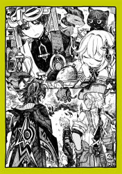  1girl 4boys anemo_symbol_(genshin_impact) animal_ears animalization armlet bat_ears bird blunt_ends bodysuit border bracelet cacucu_(genshin_impact) cape cat closed_eyes detached_sleeves dragon dress durin_(genshin_impact) eyelashes facing_another facing_down falling_leaves food fruit gem genshin_impact greyscale hair_intakes hair_ornament hand_on_own_face hand_on_own_hip hat heart heart_hair_ornament ifa_(genshin_impact) japanese_clothes jewelry jingasa kaedehara_kazuha kettle kimono leaf mandarin_collar manmaruneko10 mini_durin_(genshin_impact) monochrome multiple_boys nahida_(genshin_impact) open_clothes open_kimono ororon_(genshin_impact) parted_lips pen_(medium) person_and_animalization pointy_ears pouch scaramouche_(cat)_(genshin_impact) scaramouche_(genshin_impact) shirt short_sleeves shoulder_peek side_cape small_dragon traditional_media tsurime vision_(genshin_impact) wanderer_(genshin_impact) yellow_border 