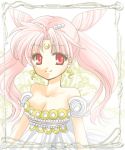  adult bare_shoulders bishoujo_senshi_sailor_moon breasts chibi_usa crescent double_bun earrings facial_mark forehead_mark hair_ornament hairpin jewelry long_hair lowres pink_hair princess puffy_sleeves red_eyes shirataki_kaiseki small_lady_serenity smile solo twintails 
