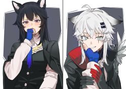  2girls animal_ears arknights black_gloves black_hair black_jacket black_vest blue_eyes blue_gloves blush covering_own_mouth fingerless_gloves gloves grin hand_on_another's_chin highres jacket jacket_on_shoulders jia_ma lappland_(arknights) lappland_the_decadenza_(arknights) long_hair multicolored_eyes multiple_girls orange_eyes red_gloves scar scar_across_eye scar_on_face shirt smile texas_(arknights) texas_the_omertosa_(arknights) two-tone_eyes vest white_hair white_shirt wolf_ears yuri 
