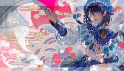  1girl absurdres black_hair blue_eyes blue_flower blue_skirt chinese_clothes chinese_commentary commentary_request commission cowboy_shot flag flower hair_flower hair_ornament highres holding holding_flag long_sleeves looking_afar midriff mole mole_under_eye open_mouth original short_hair skirt solo tassel teeth tongue upper_teeth_only watermark waves yu_anle_bu_le 