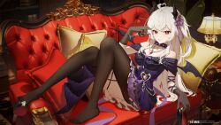 1girl absurdres ahoge alcohol asymmetrical_legwear bare_shoulders black_dress black_pantyhose black_thighhighs breasts choker couch cup demon_girl demon_horns demon_wings dress drinking_glass fishnet_gloves fishnets gem gloves heart heart_ahoge high_heels highres hitomi_(tongshou) holding holding_cup holding_unworn_clothes holding_unworn_shoes horns jewelry lace lace_choker long_hair looking_at_viewer medium_breasts necklace off-shoulder_dress off_shoulder on_couch original pantyhose pouring pouring_onto_self red_gem shoe_dangle shoes short_dress single_leg_pantyhose single_thighhigh smile solo thigh-highs unworn_shoes white_hair wine wine_glass wings 