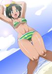  arms_up ball bikini breasts green_eyes green_hair highres midorikawa_nao navel ocean open_mouth ponytail precure sand short_hair smile_precure! solo striped striped_bikini striped_swimsuit swimsuit utamaro 