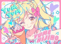  1girl aikatsu!_(series) aikatsu_stars! blonde_hair blue_shirt blush_stickers border bow character_name commentary crepe drop_shadow food fruit gradient_hair grid_background hair_bow halftone hands_up heart holding holding_crepe holding_food katoh_akatsuki light_blush long_hair looking_at_viewer multicolored_hair nijino_yume one_eye_closed orange_eyes outside_border pink_border pink_bow pink_hair portrait selfie shirt short_sleeves smile solo square straight_hair strawberry triangle twintails two-tone_hair whipped_cream 