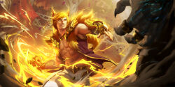  abs animal_ears brass_knuckles commentary english_commentary envar_studio fighting_stance fingerless_gloves fur_trim gloves glowing glowing_eyes glowing_hair glowing_hand highres holding holding_weapon jacket jewelry league_of_legends legends_of_runeterra male_focus manly mouth_hold muscular muscular_male necklace official_art open_clothes open_jacket pants scar scar_on_face scar_on_nose sett_(league) short_hair weapon white_pants 