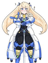  1girl absurdres armored_bodysuit armored_legwear bandaid bandaid_on_cheek bandaid_on_face black_bodysuit black_gloves blonde_hair blue_eyes blue_gloves bodysuit cain_lk coat commentary_request fang fur-trimmed_coat fur_trim gloves goddess_of_victory:_nikke highres holding holding_sword holding_weapon laplace_(nikke) long_hair looking_at_viewer multicolored_gloves skin_fang smile solo standing sword twintails two-tone_gloves weapon white_background white_coat 