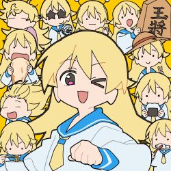  >_o 1girl =_= album_cover antennae artist_request ascot blonde_hair blue_sailor_collar blue_trim brushing_teeth chibi chibi_inset chopsticks clenched_hand commentary_request cover eating food hat highres holding holding_chopsticks holding_food holding_toothbrush instant_cup_noodles instant_noodles kiiro-chan long_hair messy_hair no_mouth official_art one_eye_closed onigiri open_mouth original pink_eyes sailor_collar school_uniform second-party_source serafuku simple_background smile solid_oval_eyes solo star-shaped_eyewear star_(symbol) sun_hat sunglasses teeth toothbrush upper_body v white_serafuku yellow_ascot yellow_background 
