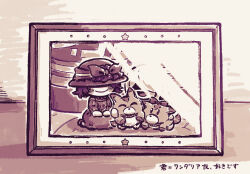  awoofy blush_stickers bow closed_eyes commentary_request hat_over_eyes kirby_(series) kirby_and_the_forgotten_land nanami_(13mimi) neichel_(kirby) open_mouth portrait_(object) seiza short_hair sitting smile star_(symbol) translation_request 