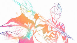  2boys absurdres alien artist_name asymmetrical_horns battywanderer black_skin blue_gem blue_horns blue_skin color_timer colored_skin commentary compound_eyes crystal dorsal_fin energy_disk energy_spear english_commentary film_grain forehead_jewel gem giant giant_male glowing glowing_eyes hand_up highres holding holding_polearm holding_weapon horns in-franchise_crossover looking_ahead male_focus multicolored_skin multiple_boys no_pupils pectorals polearm red_skin side-by-side silver_skin simple_background spear tokusatsu toned toned_male ultra_series ultra_slash ultraman_arc ultraman_arc_(series) ultraman_blazar ultraman_blazar_(series) upper_body weapon white_background white_eyes yellow_eyes 