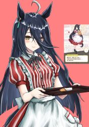  1girl absurdres ahoge animal_ears apron black_hair blush breasts closed_mouth dress ear_tag earrings employee_uniform fast_food fast_food_uniform hair_between_eyes highres holding holding_tray horse_ears horse_girl horse_tail jewelry kfc long_bangs long_hair long_hair_between_eyes looking_at_viewer manhattan_cafe_(umamusume) miucv multicolored_hair official_art_inset red_dress single_earring small_breasts smile solo striped_clothes striped_dress tail tray umamusume vertical-striped_clothes vertical-striped_dress white_apron white_hair yellow_eyes 