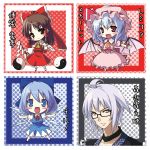  3girls ahoge ascot bat_wings blue_eyes blue_hair blush_stickers bow brown_eyes brown_hair choker cirno collarbone detached_sleeves dress fairy fangs glasses hair_bow hair_tubes hakurei_reimu hat ice ice_wings japanese_clothes miko morichika_rinnosuke multiple_girls odd_one_out ofuda open_mouth pink_dress red_eyes remilia_scarlet short_hair silver_hair smile touhou translated translation_request usume_shirou vampire wings yellow_eyes yin_yang 