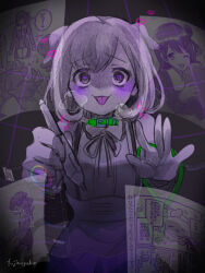  2girls animal_ears animalization artist_name bang_dream! bang_dream!_yumemita blush bob_cut closed_eyes collar colored_tongue commentary dog dog_ears fuji_miyako fuji_miyako_(artist) green_collar hair_bun heart heart-shaped_pupils heavy_breathing highres holding holding_leash kemonomimi_mode leash limited_palette long_hair multiple_girls one-hour_drawing_challenge one_eye_closed purple_theme purple_tongue short_hair single_side_bun smile symbol-shaped_pupils tongue tongue_out untranslatable_commentary viola_(bang_dream!) 