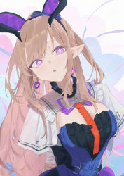  1girl absurdres arknights arknights:_endfield arms_behind_back black_dress black_horns blue_dress blush breasts bright_pupils brown_hair commentary_request dress earrings heart heart_earrings highres horns jewelry large_breasts liino_(arknights) long_hair long_sleeves looking_at_viewer lupinu5 making-of_available multicolored_horns open_mouth pointy_ears purple_horns shrug_(clothing) sidelocks solo star-shaped_pupils star_(symbol) symbol-shaped_pupils two-tone_dress two-tone_horns upper_body violet_eyes white_pupils white_shrug 