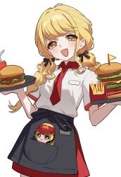  1girl :d absurdres amamiyayk apron black_apron black_bow blonde_hair blush bow braid burger collared_shirt commentary_request fang food french_fries fujita_kotone gakuen_idolmaster hair_bow highres holding holding_tray idolmaster long_hair looking_at_viewer necktie open_mouth red_necktie shirt simple_background skin_fang smile tray twin_braids waitress white_background white_shirt yellow_eyes 