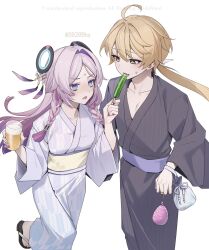  1boy 1girl aether_(genshin_impact) alcohol beer black_kimono blonde_hair blue_eyes braid breasts citlali_(genshin_impact) commentary_request cup facial_mark food genshin_impact glass highres holding holding_cup holding_food holding_popsicle japanese_clothes kimono long_hair long_sleeves miya_hayashi_(ummd7854) open_mouth pink_hair popsicle purple_kimono ring_hair_ornament small_breasts twin_braids yellow_eyes 
