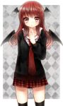  argyle argyle_background bat_wings black_legwear collarbone head_wings highres index_finger_raised kanzaki_maguro koakuma long_hair necktie open_mouth plaid plaid_skirt raised_finger red_eyes red_hair redhead school_uniform shirt skirt solo sweater thigh-highs thighhighs touhou wings zettai_ryouiki 