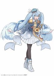  absurdres ahoge band_uniform beamed_sixteenth_notes blue_bow blue_eyes blue_hair blue_hat blue_jacket blue_ribbon boots bow brown_pantyhose commentary copyright_notice eighth_note epaulettes figure_available french_horn full_body gloves hair_ornament hat hat_feather hatsune_miku high_heel_boots high_heels highres holding holding_instrument instrument instrument_hair_ornament jacket long_hair looking_at_viewer merchandise_available mini_hat mini_shako_cap musical_note musical_note_print musical_staff musical_staff_print official_art open_mouth pantyhose pleated_skirt red_bow ribbon second-party_source shako_cap skirt smile snowflake_print standing striped_ribbon tachi-e taito teshima_nari twintails very_long_hair vocaloid white_background white_boots white_gloves white_ribbon white_skirt x_hair_ornament yuki_miku yuki_miku_(2020) yuki_miku_x_amp+_grand_project 