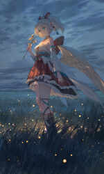  1girl absurdres ame_(2453323719) angel_wings back_bow bare_shoulders blue_eyes boots bow branch breasts closed_mouth clouds cloudy_sky commentary_request detached_sleeves dress expressionless feathered_wings field fireflies frilled_skirt frills from_side full_body grass hair_bow hair_ornament hand_up highres holding holding_branch houou_(princess_connect!) knee_boots leg_ribbon looking_afar looking_ahead low_wings medium_breasts obi outdoors princess_connect! red_bow red_skirt ribbon sash short_hair short_twintails skirt sky sleeveless solo standing tassel thigh_ribbon twintails white_bow white_hair wide_sleeves wings 