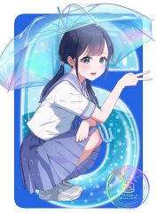  1girl absurdres artist_logo black_hair blue_background blue_umbrella border commentary_request from_side full_body hand_up highres logo long_hair looking_at_viewer looking_to_the_side open_mouth original pancake_(pocket_domori) pleated_skirt purple_sailor_collar purple_skirt sailor_collar school_uniform serafuku shirt shoes short_sleeves skirt smile sneakers solo squatting summer_uniform swept_bangs transparent transparent_umbrella turning_head twintails umbrella v white_border white_shirt white_shoes 