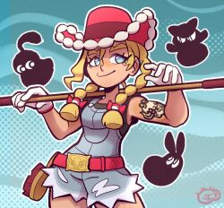  1girl arm_tattoo belt belt_buckle black_shirt blonde_hair blue_background blue_eyes blue_overalls bouffalant bow braid buckle closed_mouth commentary cowboy_hat cowboy_shot denim denim_overalls english_commentary eyelashes gloves hair_between_eyes hair_bow hair_brush hat highres holding kitt_(pokemon) long_hair outline overall_shorts overalls pokemon pokemon_champions red_belt red_hat richlitch shirt sleeveless sleeveless_shirt smile tattoo thick_eyebrows twin_braids twintails white_gloves white_outline 