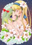  bare_shoulders blonde_hair blue_eyes blush breasts bust checkered checkered_background closed_eyes doily eyelashes eyes_closed flower gradient gradient_background gradient_hair green_hair hair_flower hair_ornament hairband houjyouin light_smile long_hair multicolored_hair multiple_girls nude original parted_lips sparkle touching twintails wince yuri 