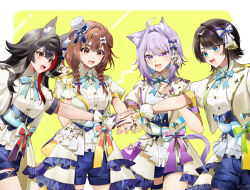  4girls :d absurdres ahoge amesui animal_ear_fluff animal_ears aqua_bow aqua_bowtie aqua_eyes back_bow black_hair blue_bow blue_shorts bone_hair_ornament border bow bowtie braid brown_eyes brown_hair cartoon_bone cat_ears cat_girl cat_tail commentary_request corset cowboy_shot dog_ears dog_girl dog_tail fangs frills gold_trim hair_bow hair_ornament hand_on_another's_hand hand_stack hat highres hololive hololive_idol_uniform_(bright) idol idol_clothes inugami_korone jacket lapels large_bow layered_skirt long_hair low_twin_braids medium_hair mini_hat mini_top_hat multicolored_hair multiple_girls nekomata_okayu official_alternate_costume ookami_mio oozora_subaru open_clothes open_jacket open_mouth outside_border outstretched_arm overskirt puffy_short_sleeves puffy_sleeves purple_hair red_hair sash shirt short_hair short_sleeves shorts skirt smile smok_(hololive) sparkle_print streaked_hair tail thigh_strap top_hat twin_braids underbust violet_eyes virtual_youtuber waist_bow white_border white_jacket white_shirt white_skirt white_wrist_cuffs wolf_ears wolf_girl wrist_cuffs yellow_background yellow_eyes 
