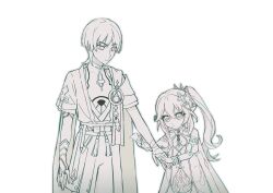 1boy 1girl armlet armor arms_at_sides asymmetrical_sidelocks bandaged_hand bandaged_wrist bandages belt blunt_ends bodysuit bow bracelet bridal_gauntlets choppy_bangs clenched_hand closed_mouth commentary cross-shaped_pupils dejavubearr detached_sleeves dress eyelashes feathers fingernails furisode gem genshin_impact greyscale hair_ornament hakama hakama_shorts hand_on_another's_hand heart heart_hair_ornament height_difference highres japanese_armor japanese_clothes jewelry juban kimono kote layered_sleeves leaf leaf_hair_ornament long_hair looking_at_another looking_at_hand mandarin_collar middle_ring monochrome nahida_(genshin_impact) nursing open_clothes open_hands open_kimono pleated_shorts pointy_ears pom_pom_(clothes) rope sash scaramouche_(genshin_impact) short_sleeves shorts shoulder_peek side_cape side_ponytail sidelocks symbol-shaped_pupils tsurime vision_(genshin_impact) wanderer_(genshin_impact) white_background 