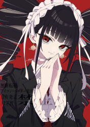  1girl absurdres black_hair black_jacket celestia_ludenberg closed_mouth danganronpa:_trigger_happy_havoc danganronpa_(series) drill_hair earrings frilled_jacket frills hands_up highres jacket jewelry long_hair long_sleeves marie_(pixiv59672544) necktie open_clothes open_jacket red_background red_eyes simple_background smile solo twin_drills twintails upper_body watermark 