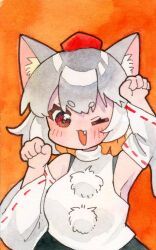  1girl :d ;d animal_ear_fluff animal_ears black_skirt blush colored_inner_hair commentary_request detached_sleeves fang grey_hair hat inubashiri_momiji looking_at_viewer medium_hair multicolored_hair one_eye_closed orange_background orange_hair paw_pose pom_pom_(clothes) pppppks red_eyes red_hat ribbon-trimmed_sleeves ribbon_trim shirt skirt sleeveless sleeveless_shirt smile solo tokin_hat touhou white_shirt wide_sleeves wolf_ears wolf_girl 