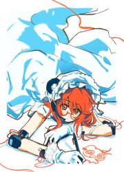  1girl adachi_rei bonnet border closed_mouth commentary drawing_(action) dress elbow_pads glasses gloves hair_between_eyes headphones headset highres holding holding_pen lace-trimmed_gloves lace_trim long_dress looking_at_viewer lying medium_hair on_stomach one_side_up orange_eyes orange_hair outside_border pen sfrabbit short_sleeves sidelocks simple_background solo string untranslatable_commentary utau white_background white_bonnet white_border white_dress white_gloves 