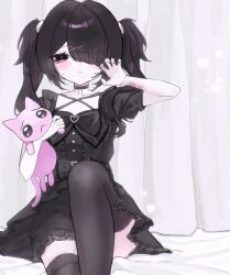  0hp_x_p 1girl ame-chan_(needy_girl_overdose) black_dress black_eyes black_thighhighs blush bow cat choker dress hair_ornament hairclip heart heart-shaped_pupils highres looking_at_viewer needy_girl_overdose p-chan_(needy_girl_overdose) scar self-harm self-harm_scar socks solo symbol-shaped_pupils thigh-highs twintails x_hair_ornament 