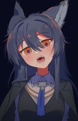  1girl aiguillette animal_ear_piercing animal_ears arknights black_background black_vest blue_necktie blush collared_shirt fangs hair_between_eyes head_tilt highres iguana152588 jacket jacket_on_shoulders long_hair looking_at_viewer necktie official_alternate_costume open_mouth orange_eyes shirt simple_background solo straight-on texas_(arknights) texas_the_omertosa_(arknights) upper_body vest white_shirt wolf_ears wolf_girl 