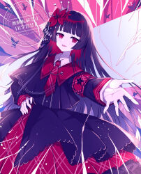  1girl absurdres armband artist_name black_capelet black_hair black_shirt black_skirt broken_glass capelet collared_shirt cowboy_shot crown flower from_below glass hair_flower hair_ornament hand_on_own_hip highres layered_skirt long_hair long_skirt long_sleeves looking_at_viewer mahou_shoujo_no_majo_saiban mini_crown necktie nikaido_hiro outstretched_hand overskirt plaid_armband plaid_clothes plaid_necktie plaid_skirt pleated_skirt red_armband red_eyes red_flower red_necktie red_skirt rii_(metro_electro) shirt side_capelet signature skirt solo stained_glass twitter_username watermark white_shirt 