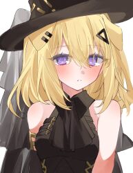  1girl animal_ears arknights ascot bang_dream! bang_dream!_it's_mygo!!!!! bare_shoulders black_ascot black_hat black_shirt blonde_hair blush collared_shirt commentary_request hair_ornament hat highres looking_at_viewer medium_hair misumi_uika misumi_uika_(caged_singer) official_alternate_costume ooo00_cha parted_lips shirt simple_background sleeveless sleeveless_shirt solo upper_body violet_eyes white_background 